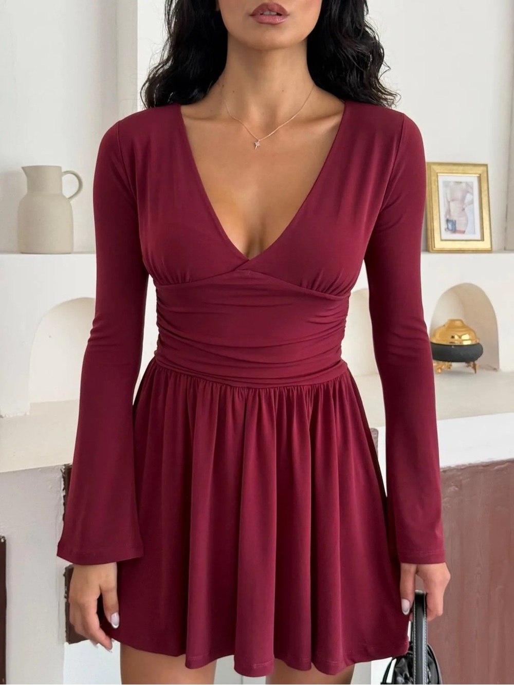 Women's Long Sleeve V-Neck Burgundy Dress